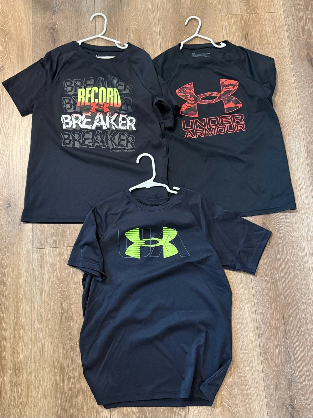 Under Armour Black Kids' Short-Sleeve Tees with Neon Green & Red Logos
